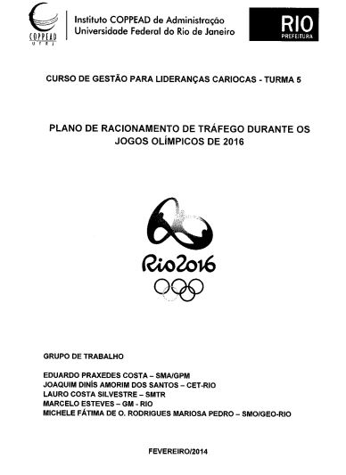 PLANO DE RACIONAMENTO DE TRÁFEGO DURANTE OS JOGOS OLÍMPICOS DE 2016